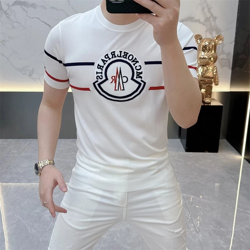 2025夏季新款潮牌时尚字母刺绣修身弹力冰丝短袖T恤男薄款针织衫