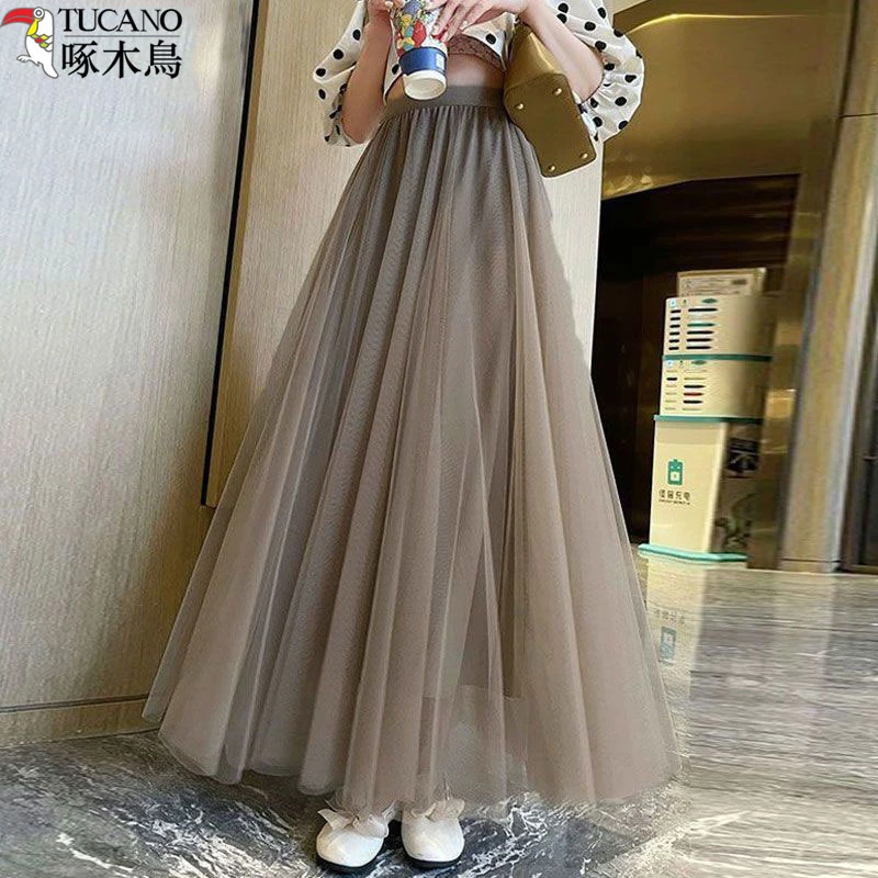 TUCANO/啄木鳥新款网纱甜美超仙半身裙女装a字纱裙韩版高腰仙女裙