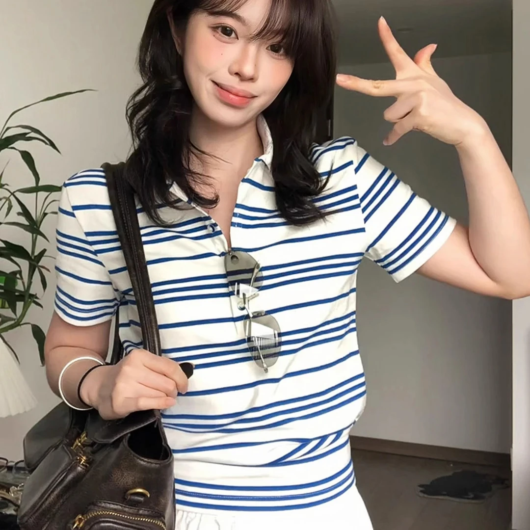 蓝白条纹短袖T恤女夏季设计感辣妹独特polo领休闲正肩显瘦上衣