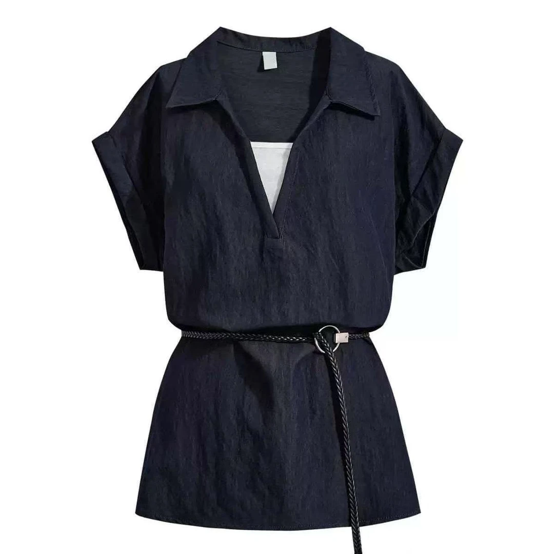 （送腰带）假两件短袖衬衫女夏韩系时尚收腰气质Polo领衬衣显瘦上衣