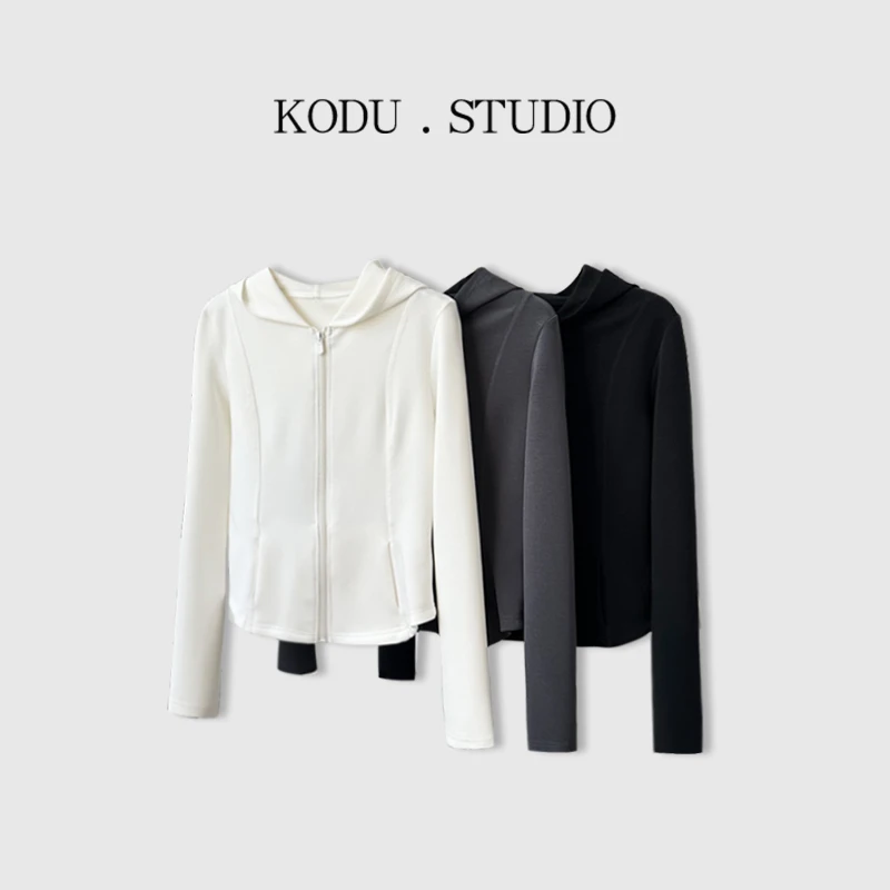 G【刻度KODU】BW-4951春季时尚气质收腰纯色拉链连帽拼接修身外套