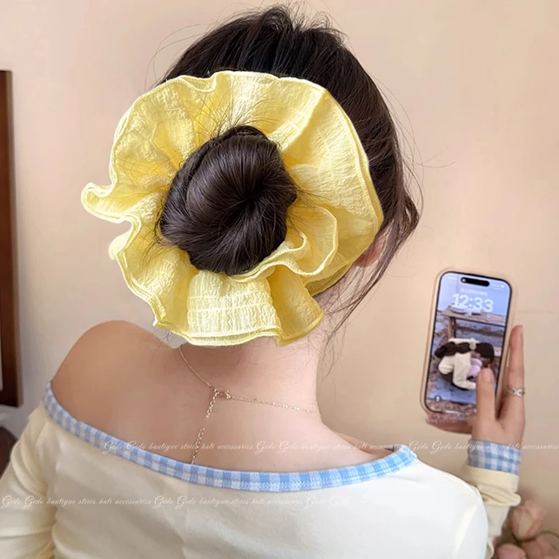 韩系超大黄色双层大肠发圈女慵懒风扎丸子头花发绳不伤发肥肠头绳