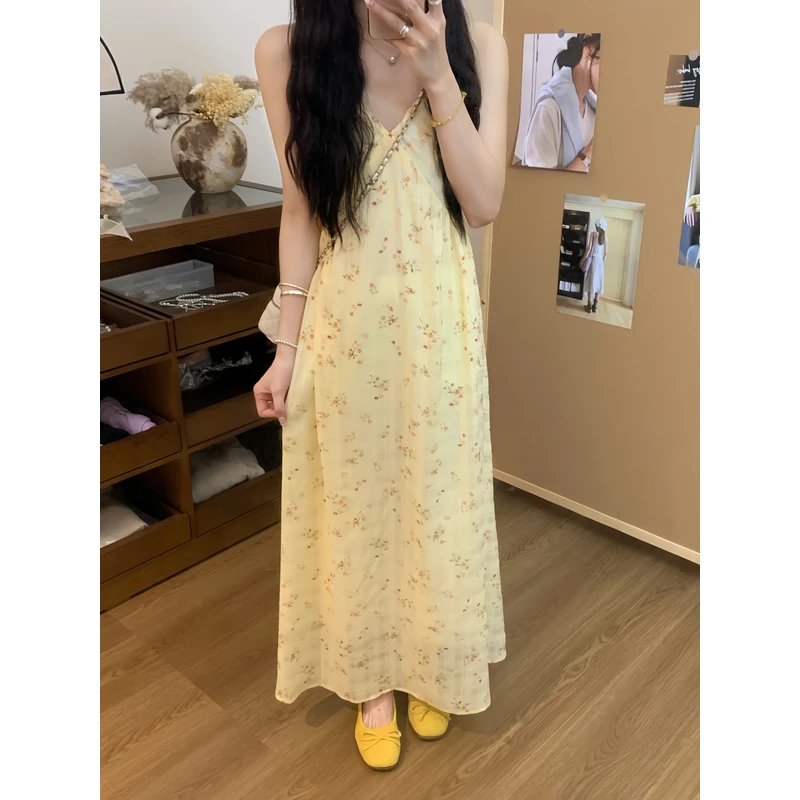 #8231小岛蔷薇法式甜美夏季新款温柔风V领吊带长裙女