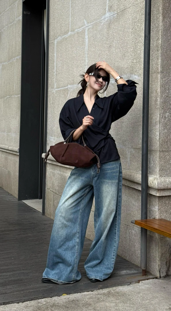 早秋时尚新款韩系老钱风松弛感女装贵气显瘦衬衫休闲百搭牛仔裤