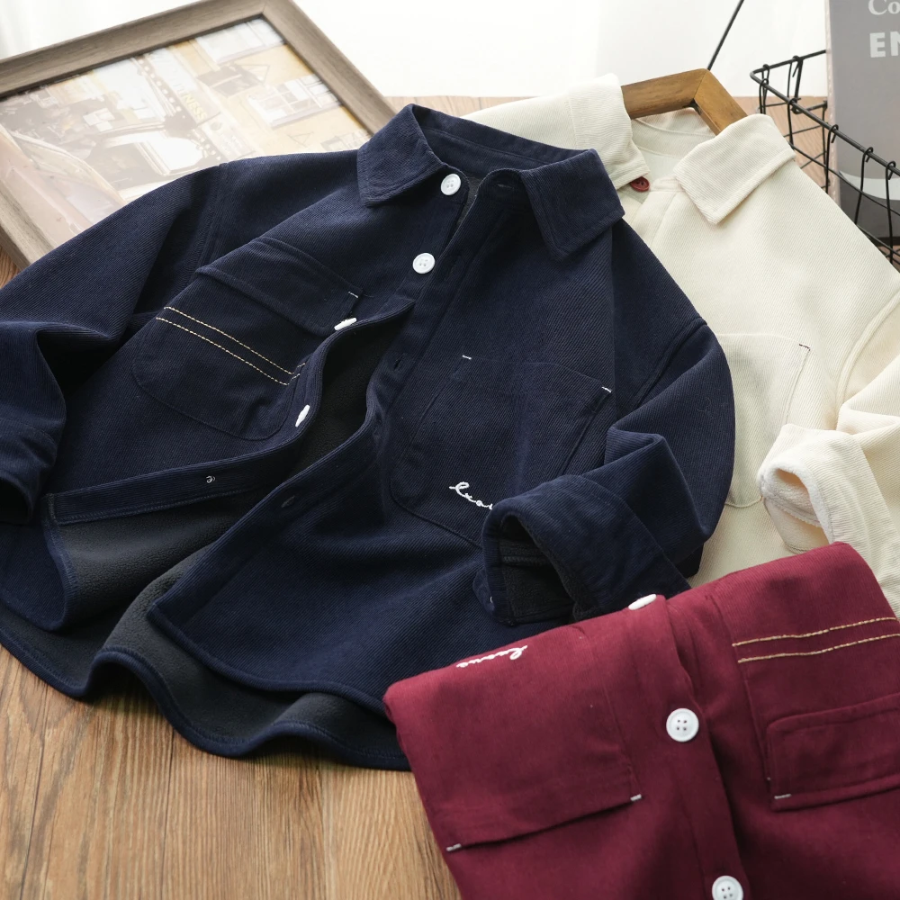 冬季款灯芯绒翻领儿童加绒口袋衬衫中大童休闲百搭上衣S1165