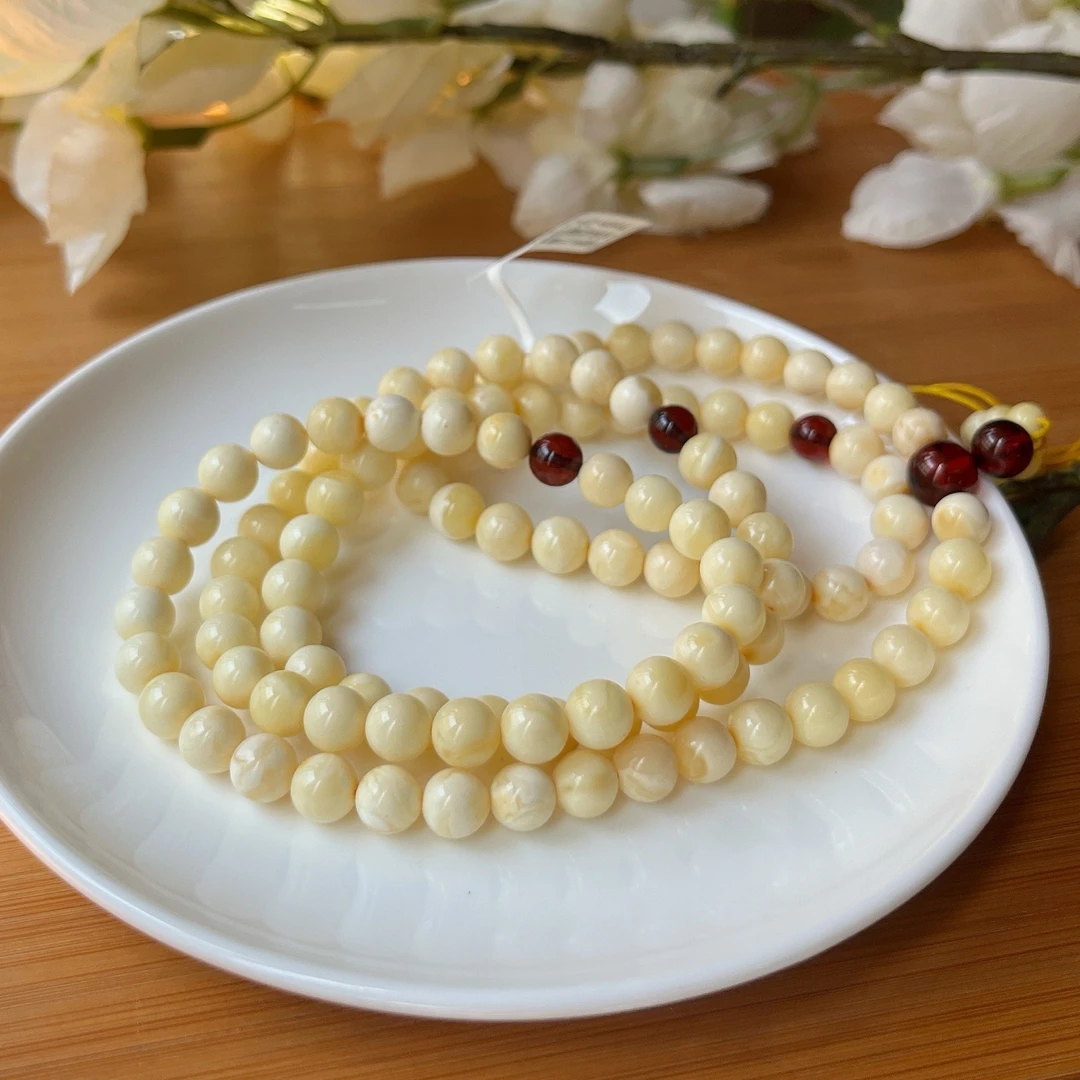 【郭老师】约7mm23g俄料白蜜蜡妖花纹蜜蜡108项链手串两用款