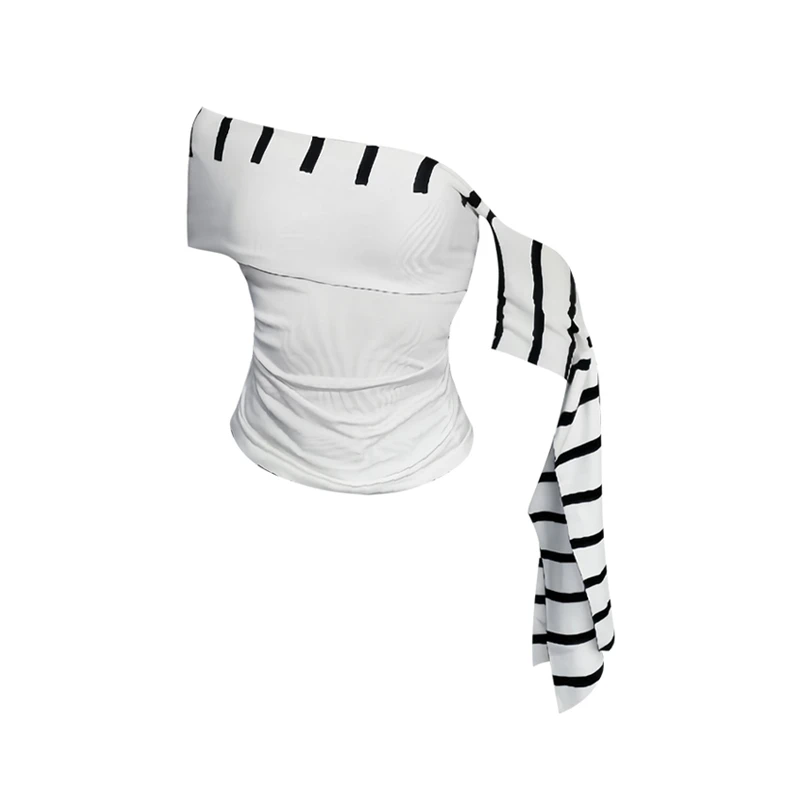 小众设计感条纹飘带斜领露肩短袖恤高级感气质修身显瘦短款上衣