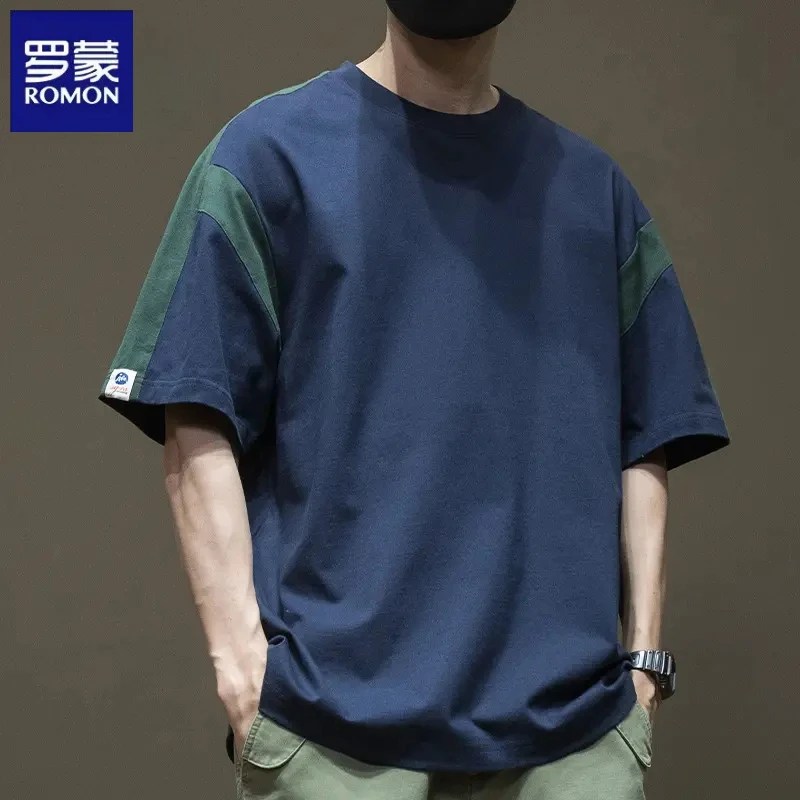 罗蒙夏季2025新款潮流日系短袖T恤男士拼接撞色宽松半袖上衣服男