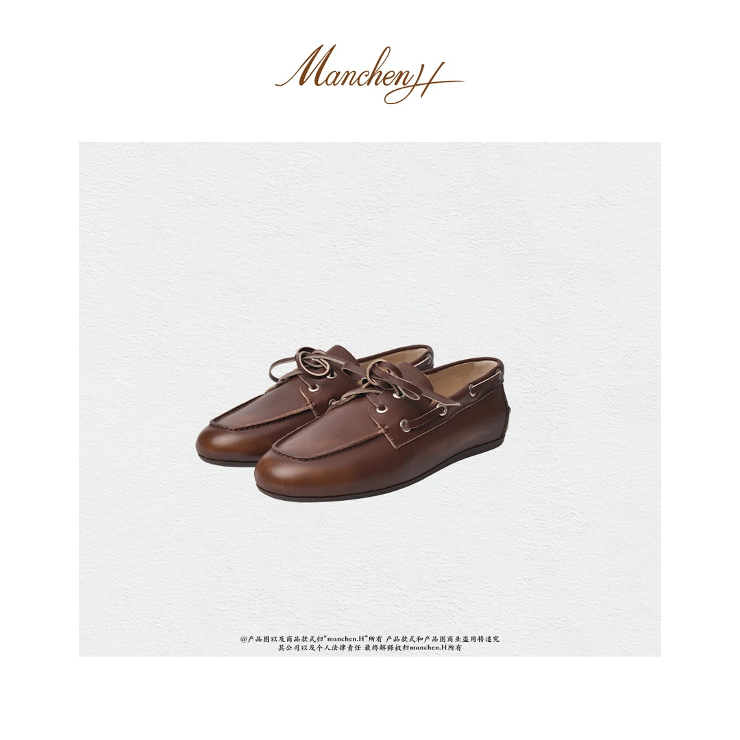 Manchenh“缪系手工乐福鞋”进口蜡感做旧小牛皮擦色系带乐福鞋