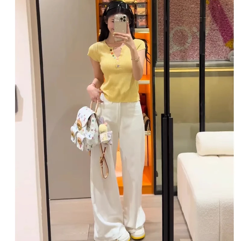 夏日穿搭一整套女2025新款小香风V领显瘦短袖针织衫牛仔裤两件套