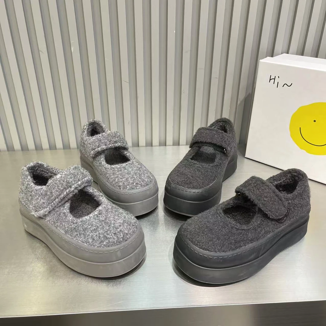 毛呢毛毛鞋一字玛丽珍圆头JK学院风乐福鞋魔术贴厚底松糕7cm女鞋