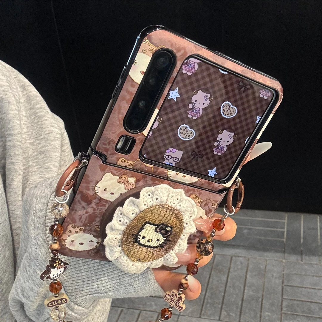 适用华为purax典藏版手机壳棕皮质pocket2蕾丝边布艺kt猫磁吸支架