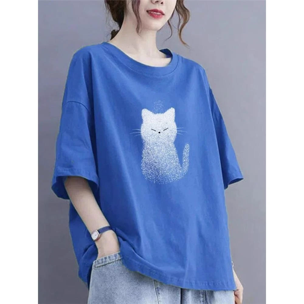蓝色高品质纯棉短袖T恤女夏季新款时尚复古猫咪印花欧货小衫上衣