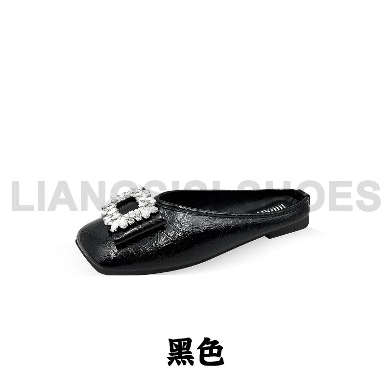 春季时尚粗跟浅口方扣舒适包头拖半拖包头纯色平底休闲女鞋-C53