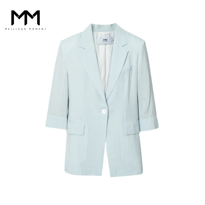 MM麦檬商场同款夏季舒适贵气醋纤凉感半袖淡蓝西装5E5210572