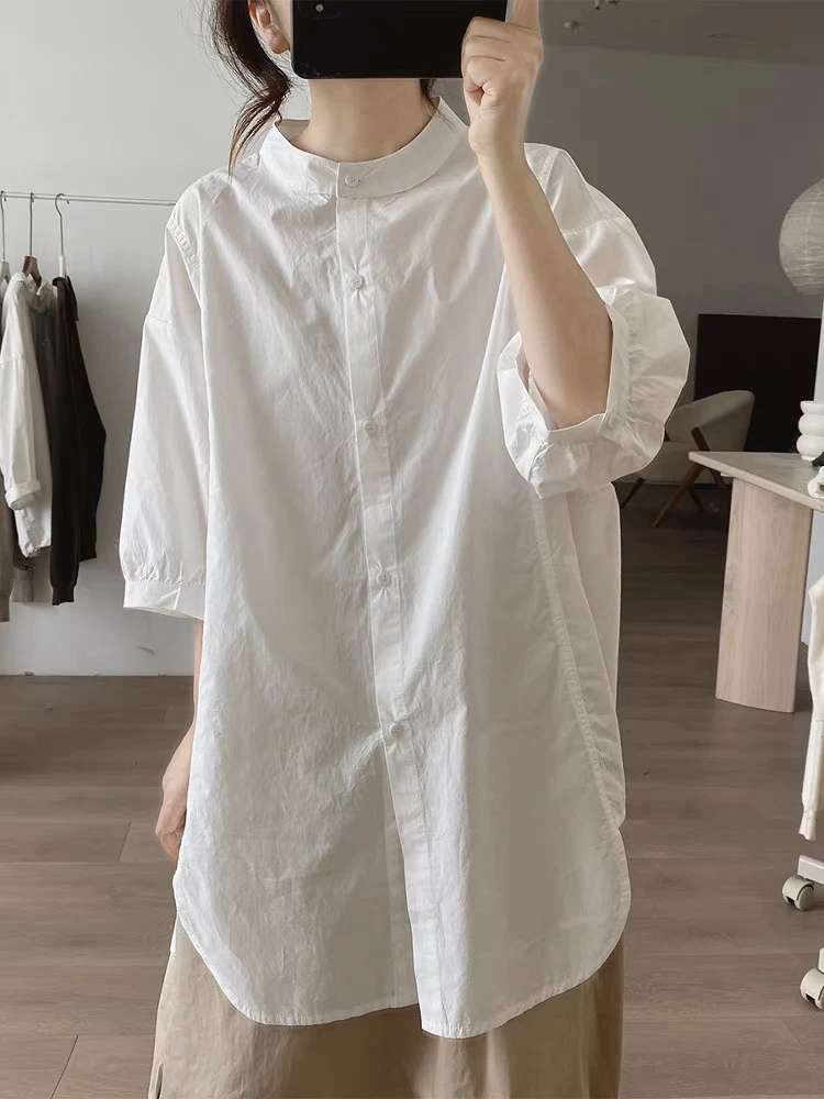 棉质衬衫女夏季新款宽松显瘦中袖简约小众设计感半高领中长款上衣