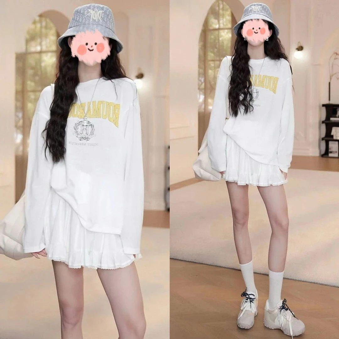 洋气衣服女夏季百搭字母长袖防晒上衣T恤花边蛋糕短裙气质套装女