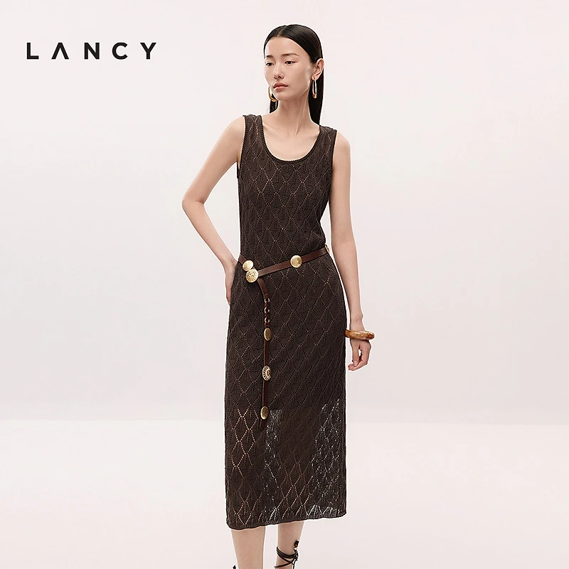 LANCY/朗姿2025夏新款亚麻镂空U领无袖针织长裙女气质高级连衣裙