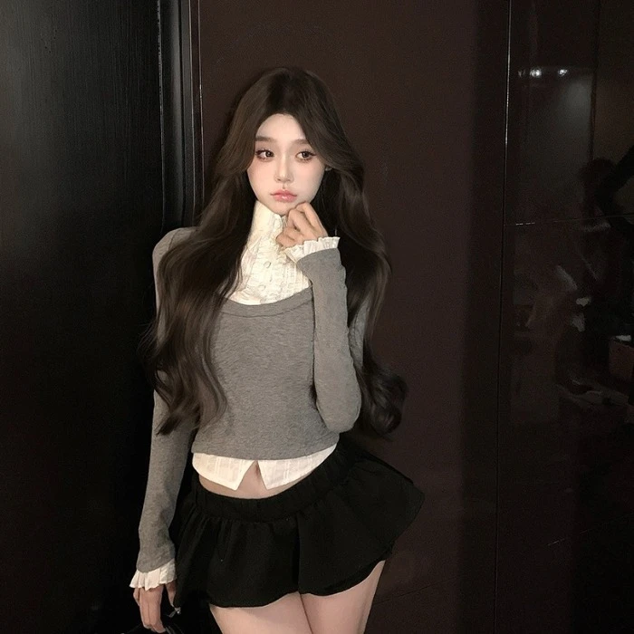 拼接假两件polo领针织衫女春季长袖收腰修身设计感撞色打底衫上衣