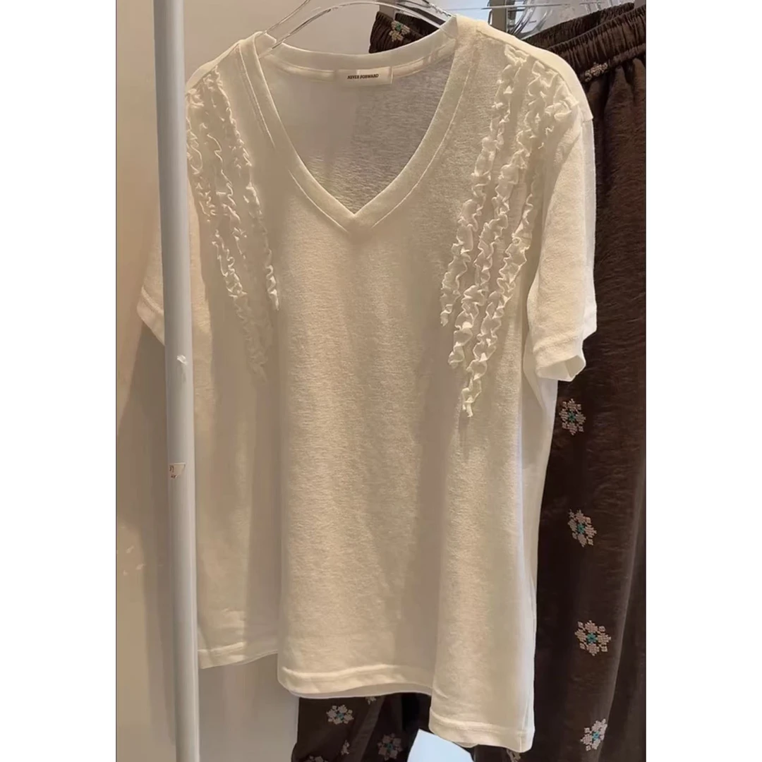 【现货】今年流行穿搭2025夏季新款法式蕾丝木耳边拼接常规短袖上衣