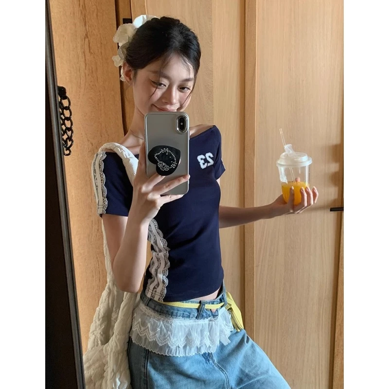 藏蓝色一字肩短袖t恤女夏季韩系新款修身蕾丝花边设计感小上衣