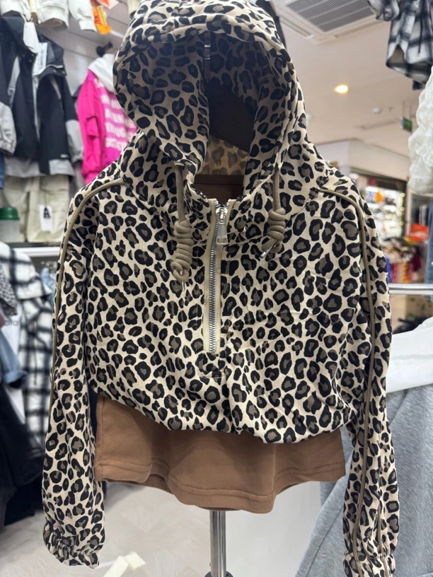 短款女童连帽通勤加绒宽松型卫衣休闲常规长袖豹纹