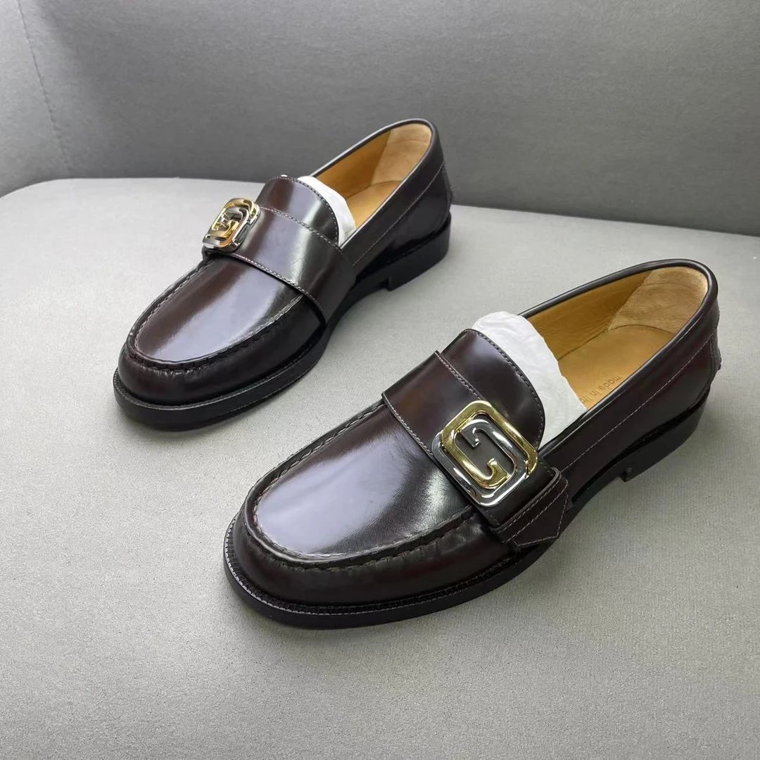 未使用 GUCCI/古驰 棕色时尚百搭亮面皮革双G大logo皮鞋 39码