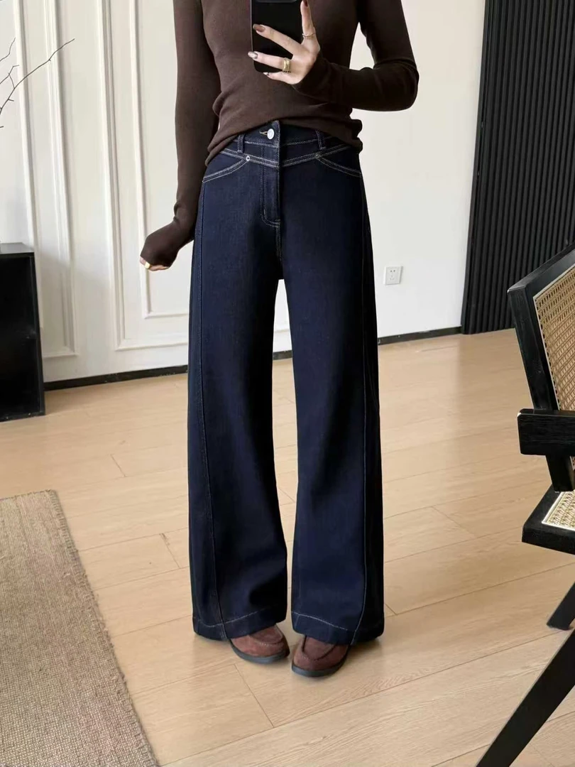 MAOJIE2025年冬季加绒新款高腰窄版直筒小微阔软牛仔裤女M25319