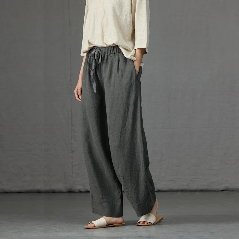 Q.TU裤子女2025新款松紧腰4540法国21英支亚麻直筒宽松夏季休闲裤