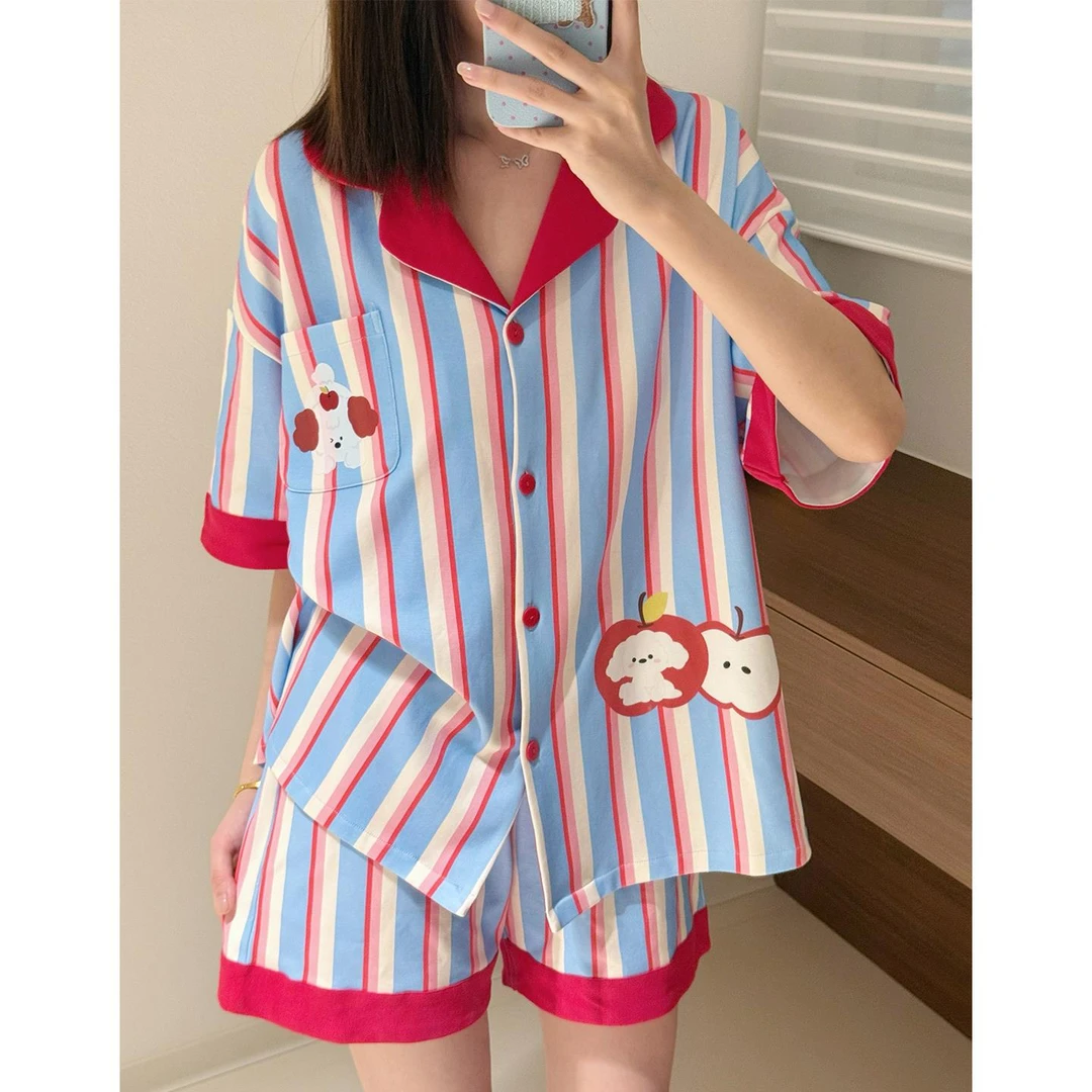 睡衣女夏季纯棉短袖条纹开衫翻领红苹果小狗印花可外穿家居服套装