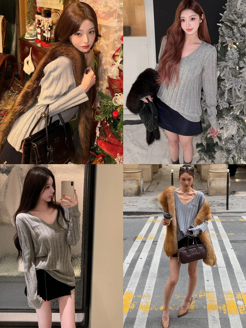 张元英同款 灰色V领针织长袖毛衣字母贴布慵懒风