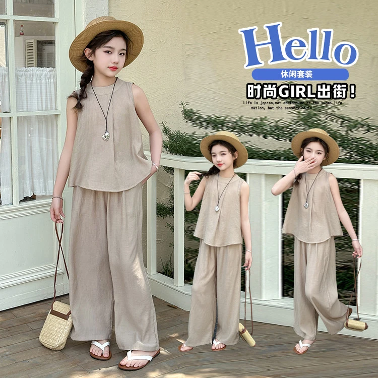 套装无袖薄款休闲童装洋气夏装儿童韩版夏季纯色女童中大童
