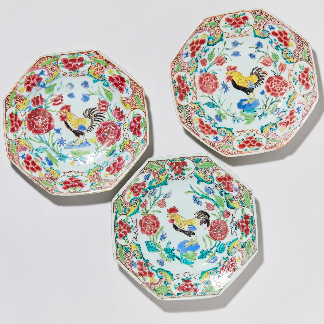 3331清雍正粉彩大吉图八方盘(三只)【古董拍卖】