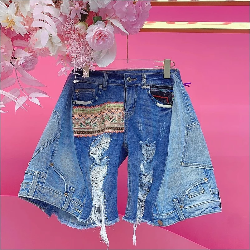 X22407泰国设计师2025秋季新款贴布拼接做破拼色潮酷休闲牛仔短裤