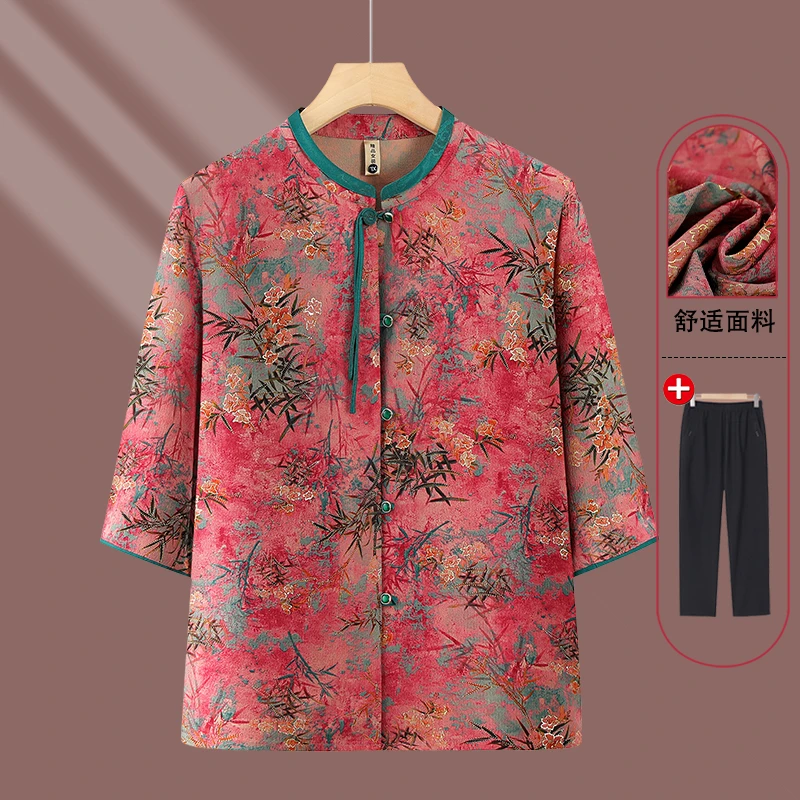 妈妈夏装衬衫上衣2025新款洋气中老年人女T恤小衫气质短袖上衣服