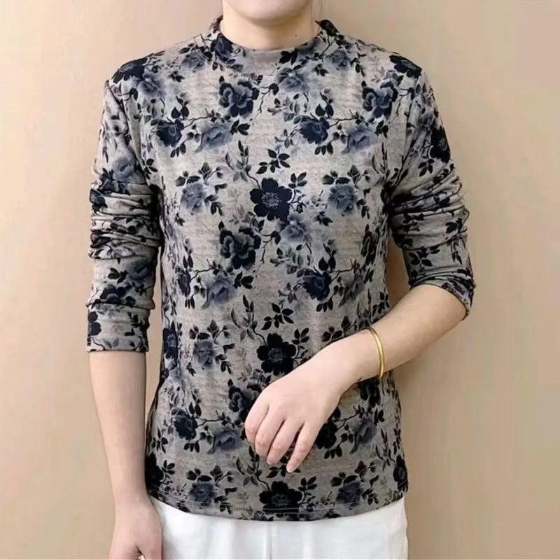 2024秋冬季新款百搭洋气印花打底衫遮肉显瘦妈妈装弹力长袖上衣