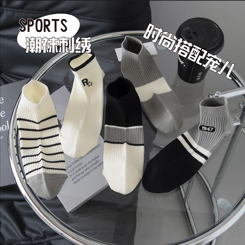 双针船袜男夏季薄款棉袜吸汗透气休闲百搭袜子男短袜条纹字母刺绣