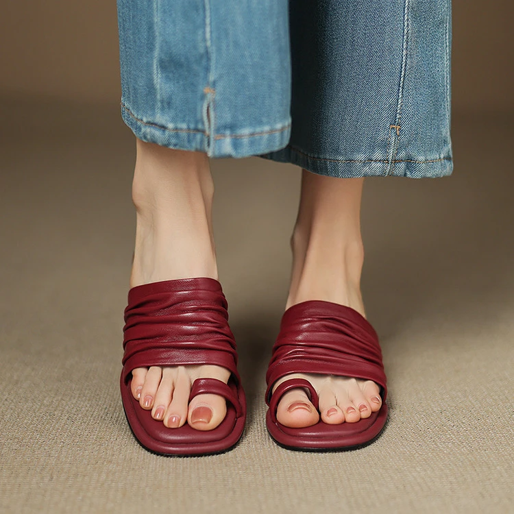 简约外穿套趾凉拖鞋真皮粗跟一字拖鞋夏季时尚女鞋软底软面懒人拖