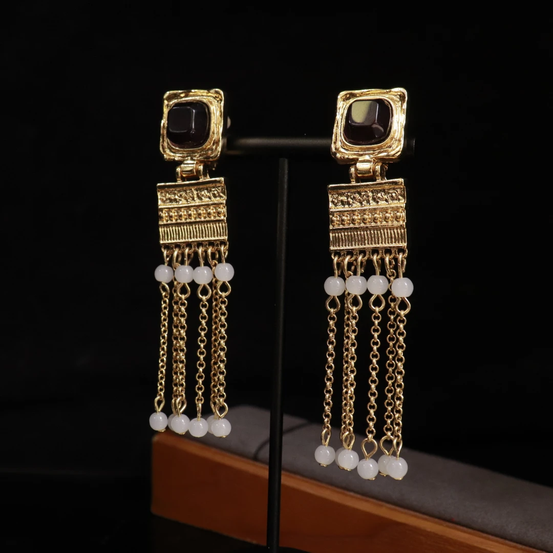 合金玻璃耳饰 中古复古长款时尚精致手工气质流苏款耳饰