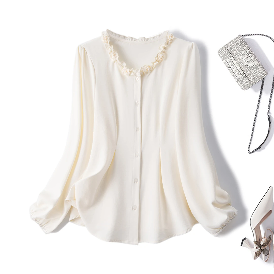 奥·邦奴 清2025秋季韩系甜美木耳边衬衫大码女装显瘦打底内搭衬衣