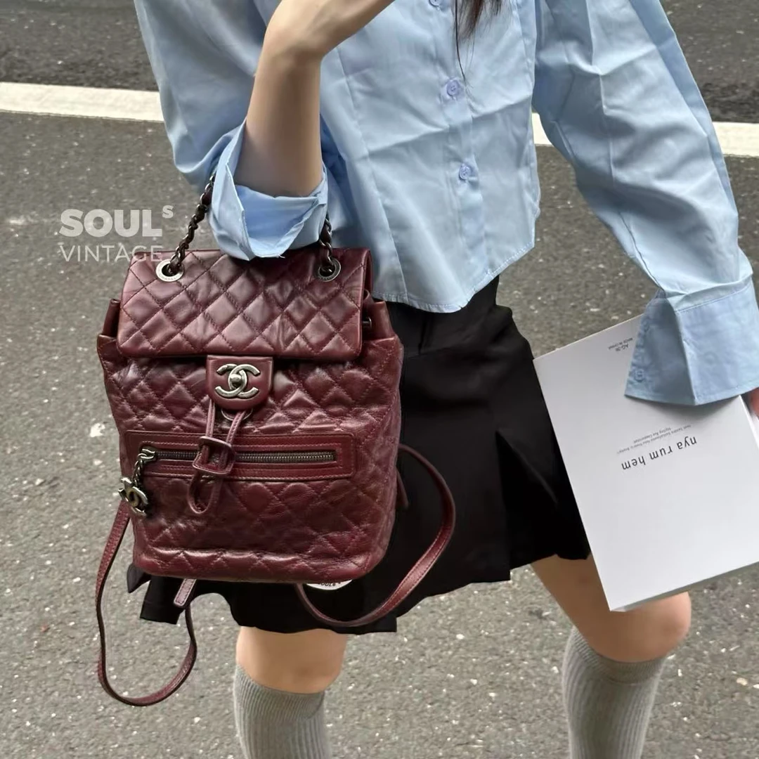 95新 Chanel/香奈儿 酒红色 牛皮 萨尔茨堡双肩小号/659205919