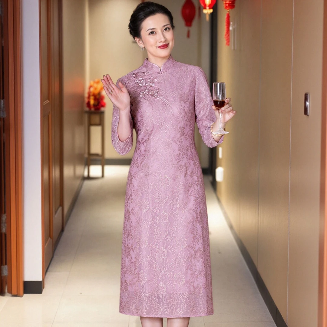 春秋新款2025优雅时尚大码妈妈D123短袖中式高档喜婆婆婚宴礼服