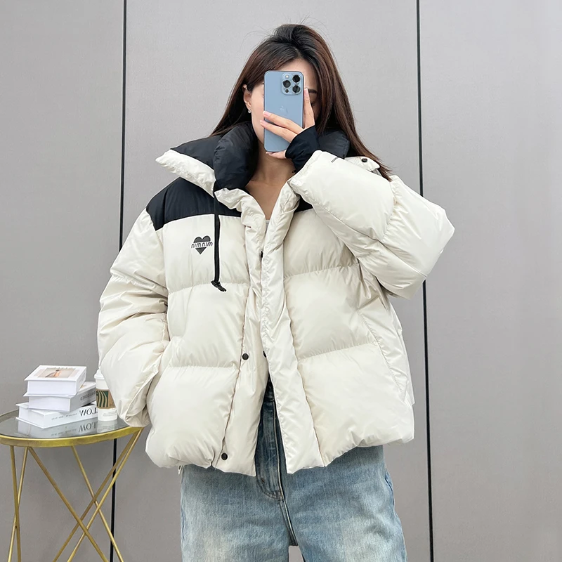 951爆款棉服女短款2023冬季新款宽松韩版拼色加厚面包服爱心图案