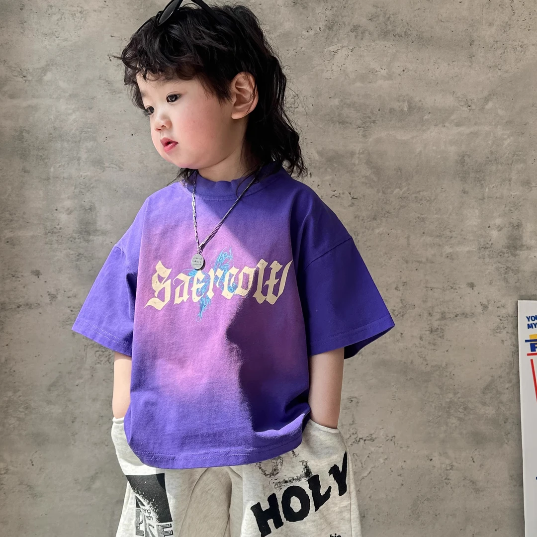 儿童纯棉短袖2025夏新款男女童打底衫水洗做旧T恤宝宝纯棉日系T