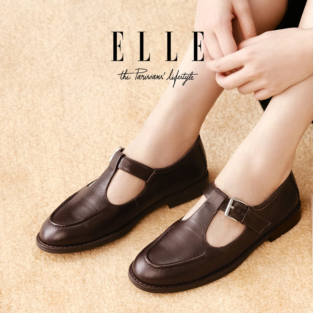ELLE棕色乐福鞋女2025爆款T字带懒人一脚蹬单鞋通勤百搭玛丽珍鞋