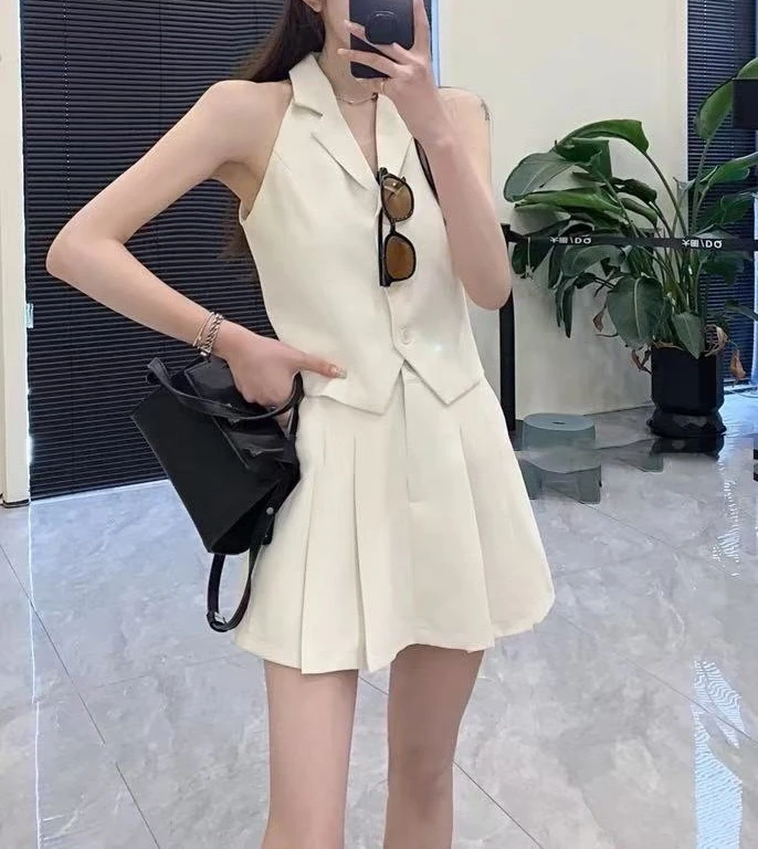 高品质西装套装V领无袖马甲上衣高腰百褶半身裙时尚网红百搭气质