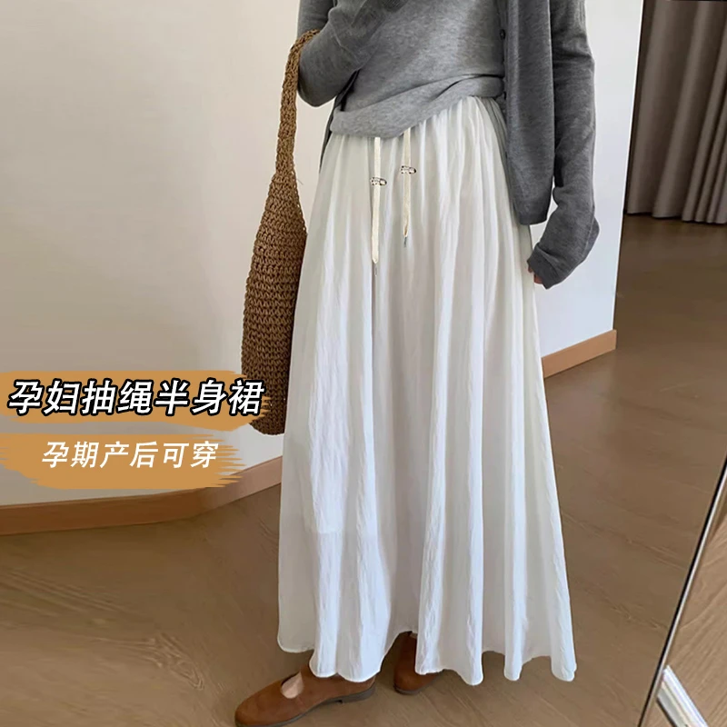 现货孕妇夏季冰爽山本皱A字半身裙高腰抽绳松紧高腰显瘦百搭中长