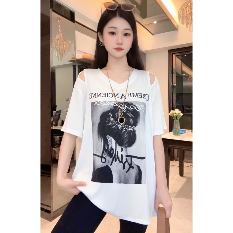 双肩镂空·立体印花休闲宽松百搭T恤短袖韩版时尚时髦松弛感