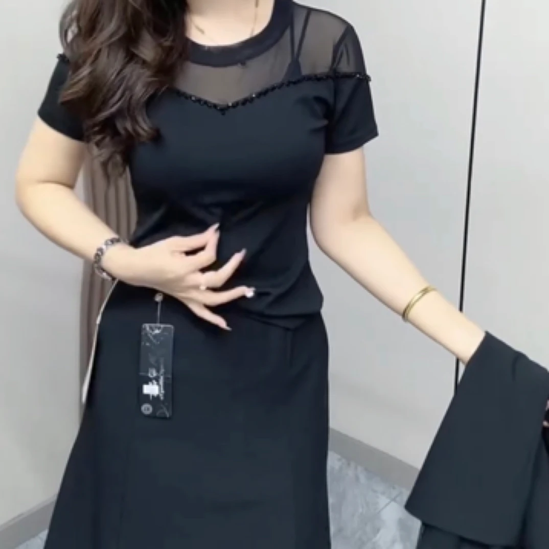 新款时尚百搭修身显瘦网纱半袖