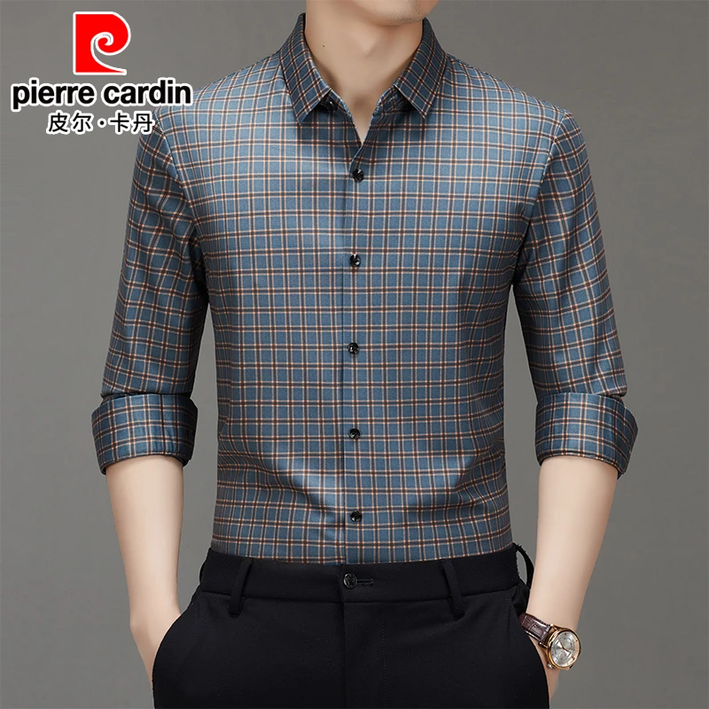 皮尔卡丹高档轻奢长袖衬衫春秋新品格子男士衬衣中年修身长袖上衣